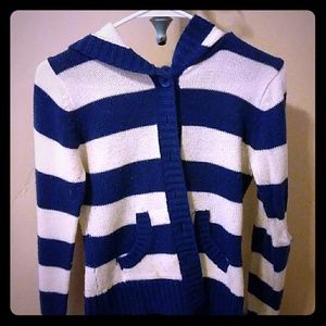 Blue and white striped button up hoodie